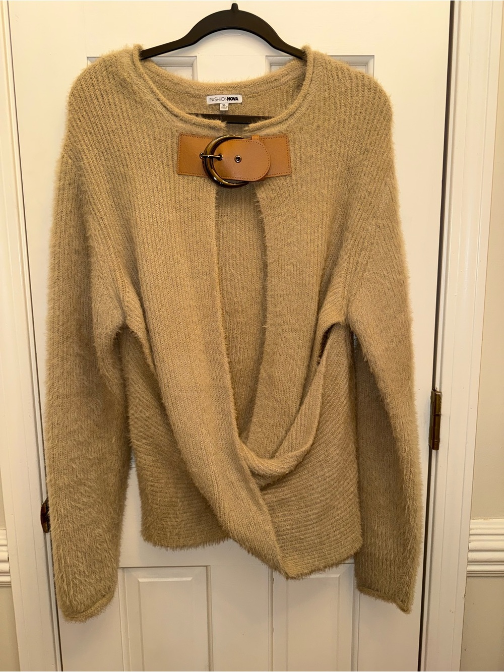 Fashion Nova Camel Knit Buckle Cardigan Sweater